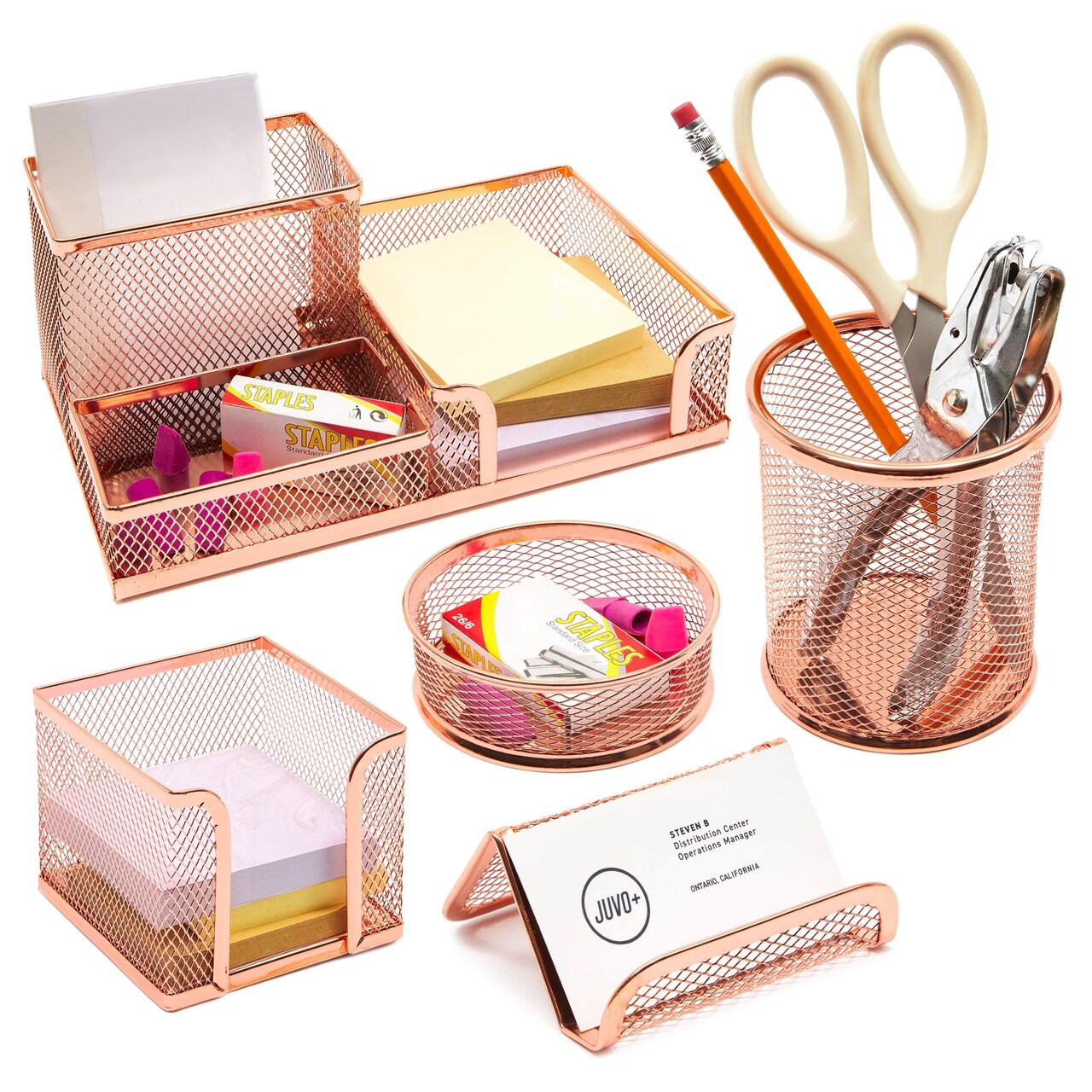 Rose Gold Desk Organizer Set for Home Office Supplies and Accessories, Includes Mesh Wire Pen, Pencil, Business Card, Note, and Paper Clip Holders